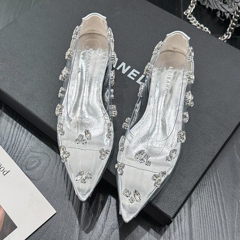 Fashion women's shoes summer PVC transparent women's high heels rhinestone flat pointed toe comfortable bride wedding shoes