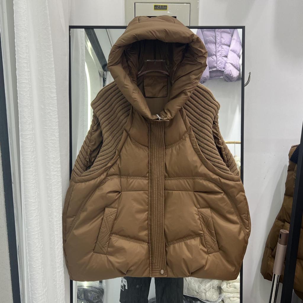 Winter Women White Duck Down Sleeveless Warm Puffer Jacket Casual Loose Knitwear Patchwork Vest Hooded Waistcoat