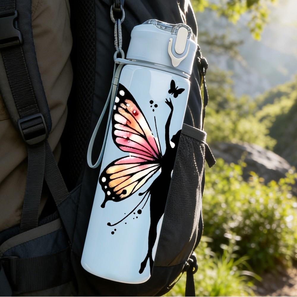 1PC Fairy Girl Butterfly Wings Floral Silhouette 750ml Color Plastic Sports Water Bottle Leakproof Flip Straw Lid Suitable for Sports Office Home Use
