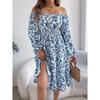 Fashion Women's Dresses Elegant Floral Square Neck Long Sleeve Waisted Ruffle A-line Dresses