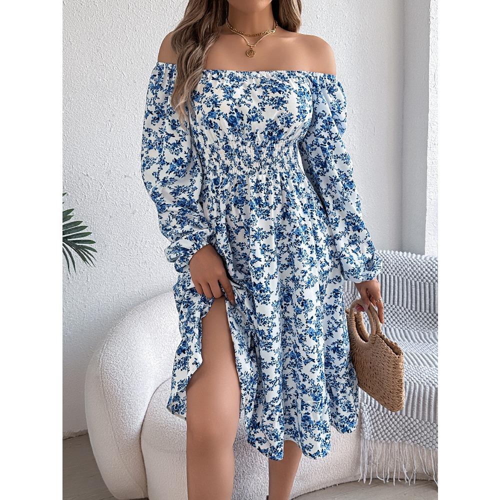 Fashion Women's Dresses Elegant Floral Square Neck Long Sleeve Waisted Ruffle A-line Dresses
