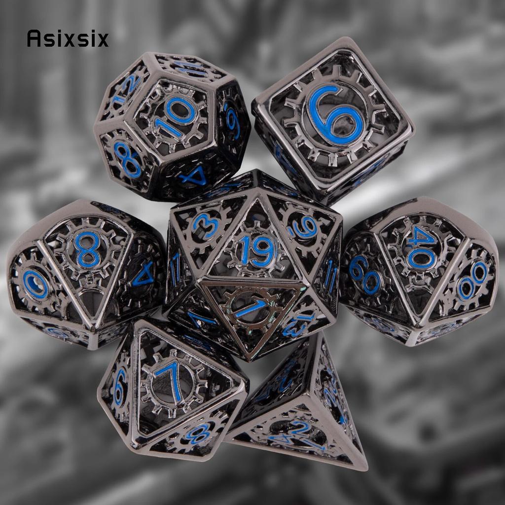 7 Pcs  Black Blue Gear Wheel Metal Dice Hollow Metal Polyhedral Dice Set Suitable for Role-Playing RPG  Board Game Card Game