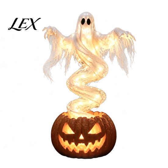 Decorative Night Lamps for Porch Ghost Pumpkin Yard Lamp, Halloween Resin Figurine with Warm LED Light, Festive Holiday Gifts Kids Spooky Swirling On