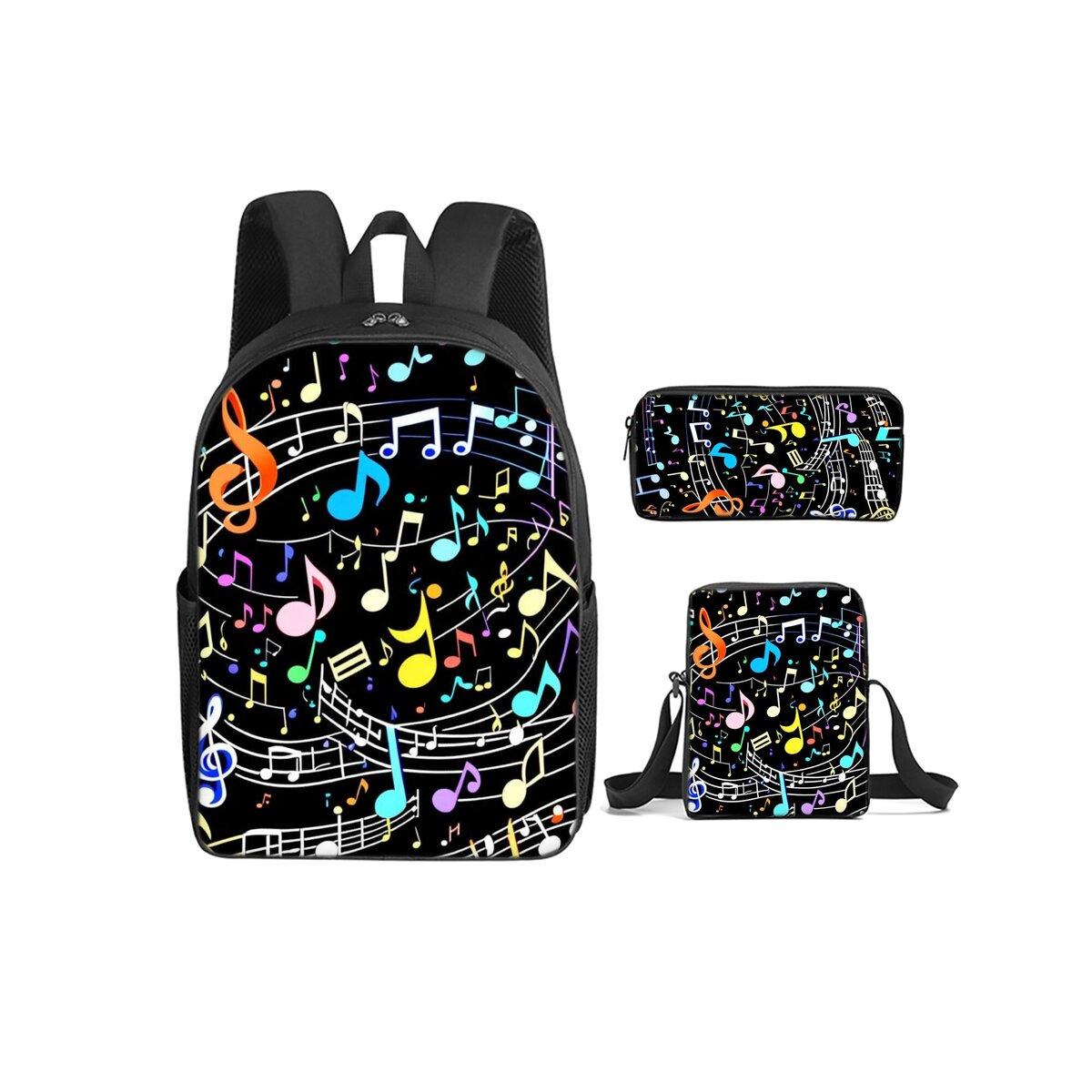 Sac à dos imprimé notes de musique arc-en-ciel 3 pièces/ensemble avec sac bandoulière, trousses à crayons pour garçon/fille Meilleur cadeau Sacs d'école dessin animé pour étudiant black