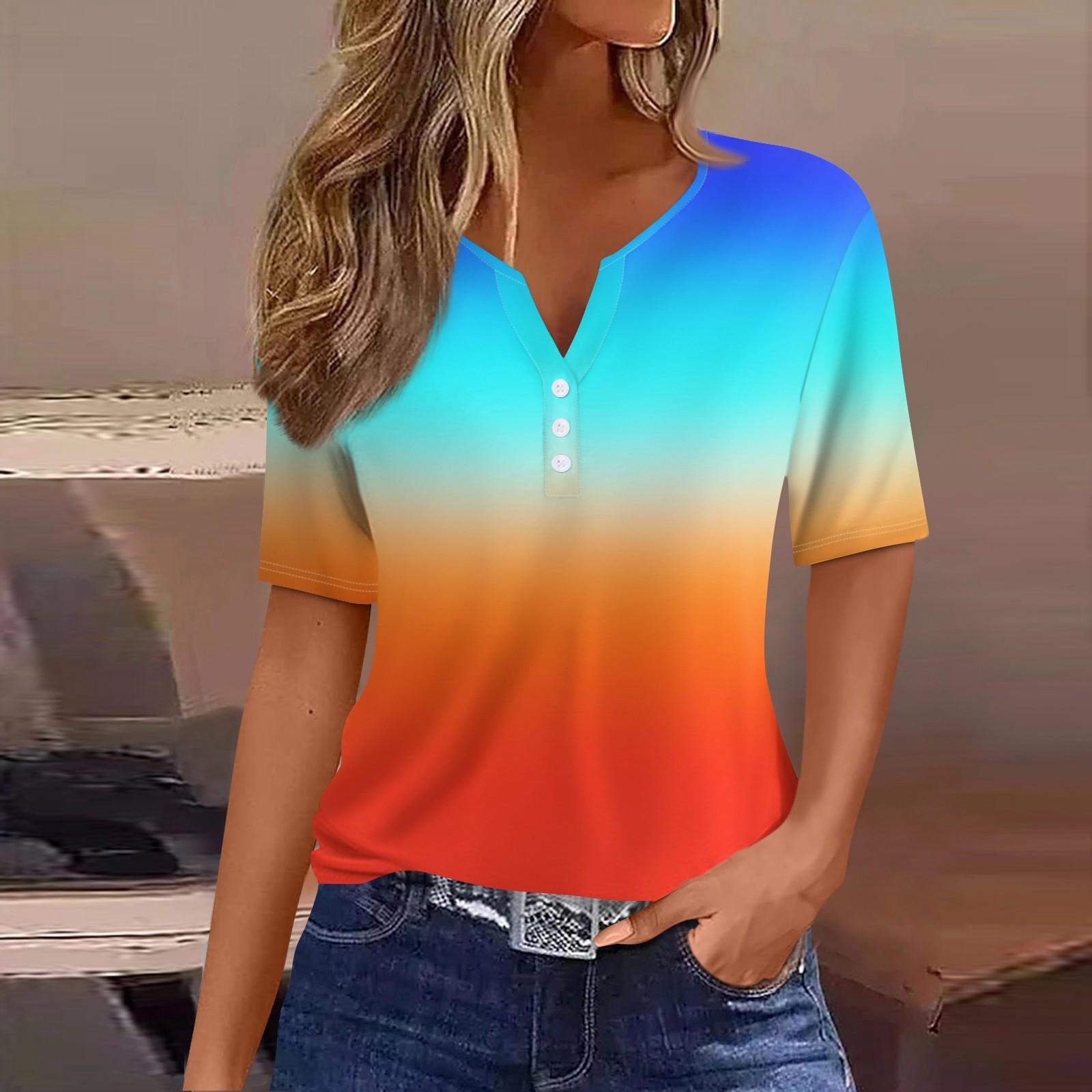 

Жен. Футболка Футболка С принтом Пуговицы С короткими рукавами Повседневные Выходные Мода Классический V-образный вырез Обычный Верх M шафрановый