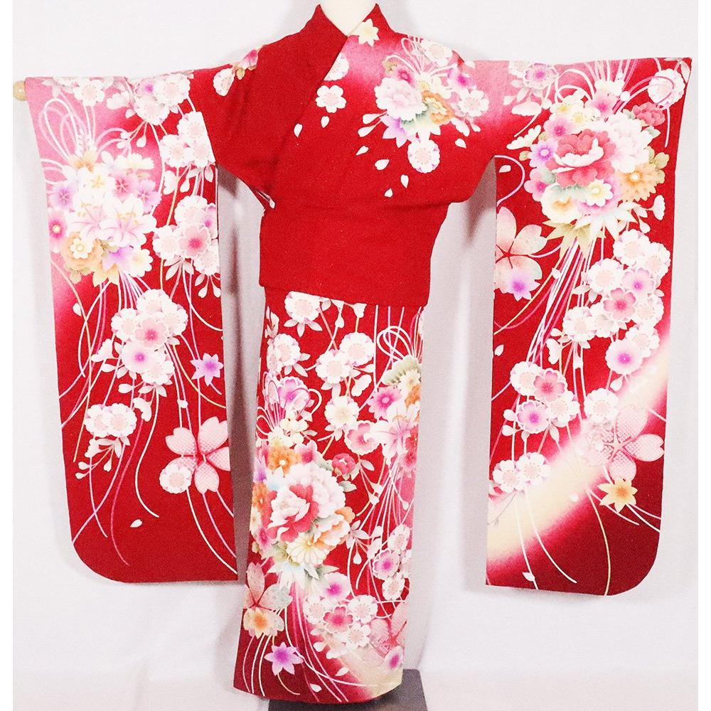 

Long-sleeved kimono, pure silk, red, pink, yellow, halo, bouquet, cherry blossoms, chrysanthemums, peonies, large size, ki26389,