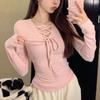 Sweet Lace V-Neck Long Sleeve Pullovers Spring Autumn Slim Tops Female Clothing Fashion Drawstring Solid Color Casual T-shirts