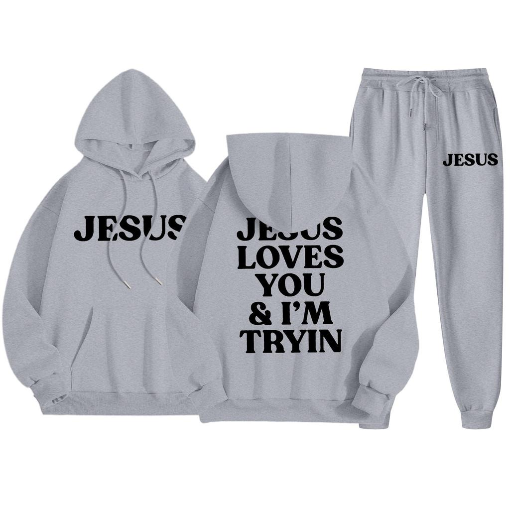 Men's Casual Solid Color Letter-printed Sweatshirt Set, Men's Fleece Hooded Drawstring Sweatshirt And Sweatpants Two-piece Set