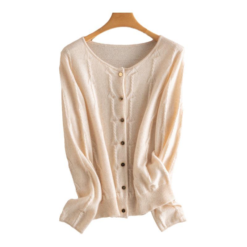 Women's 100% Cashmere Wool Cardigan: Autumn/Winter Round Neck Long Sleeve Sweater