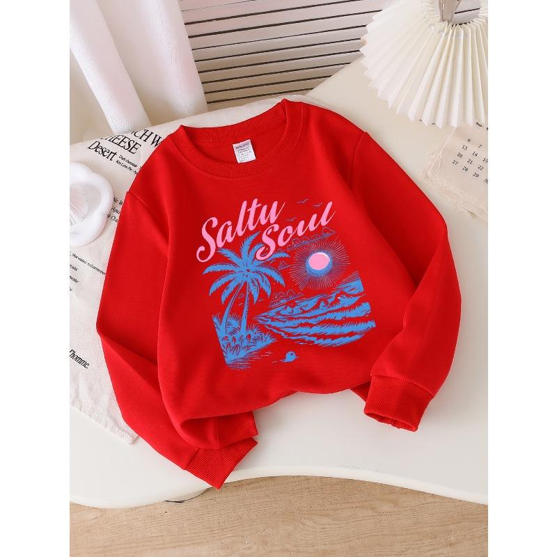 Europäische Größen Mädchen Weiches Rundhals-Sweatshirt Saltu Soul Tropischer Strand Palmenbaum Sonnenschein Aufdruck, Lässig Vielseitig Kombinierbar, Ideales Urlaubsgeschenk