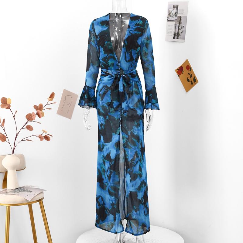 

Синее платье макси с цветочным принтом и оборками, женское сексуальное платье с глубоким V-образным вырезом и длинным рукавом, с поясом, женское платье для пляжной вечеринки L