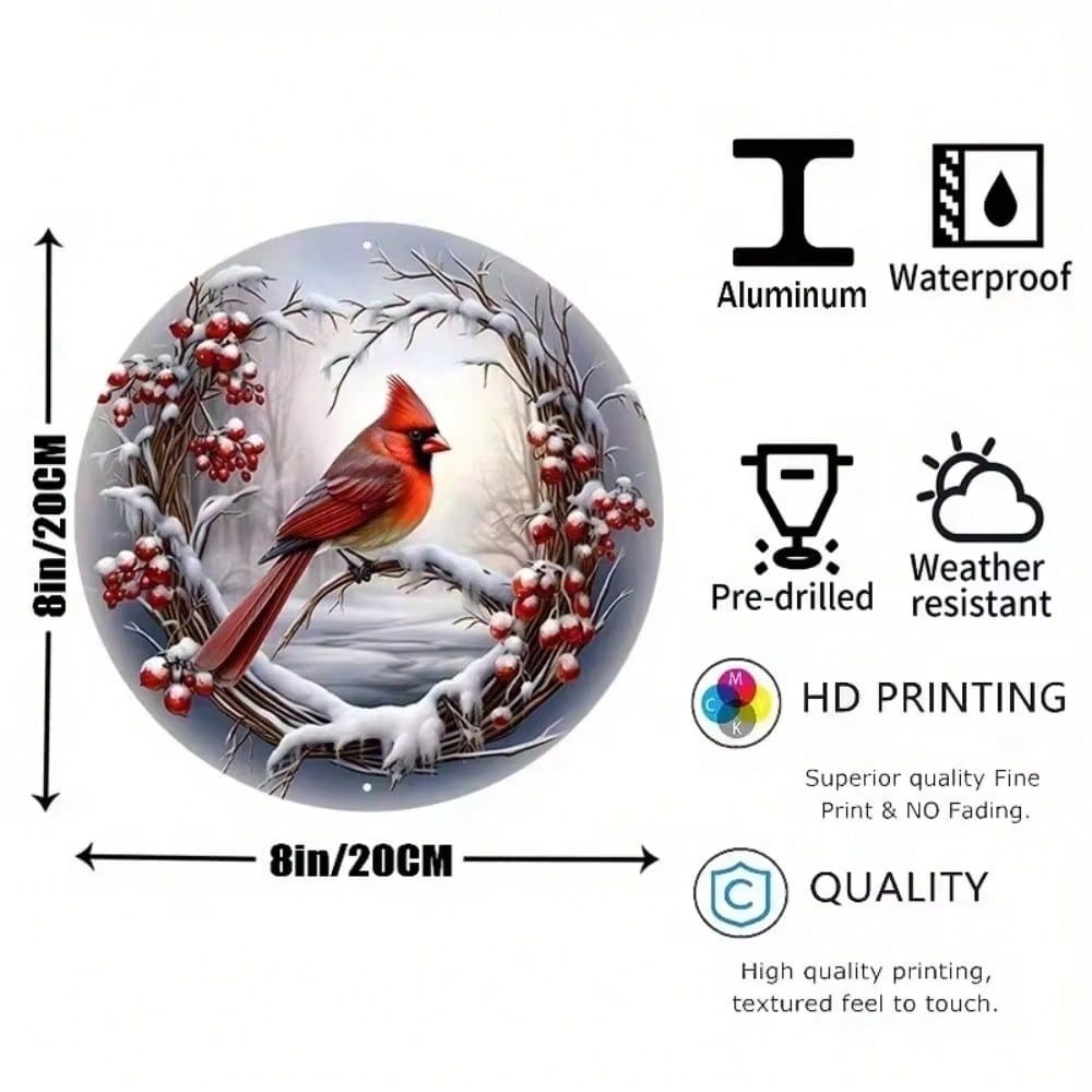 Christmas Red Grey Bird Wreath Metal Door Sign 8x8 Inch Aluminum Wall Decor Winter Home Kitchen Hanging Plaque