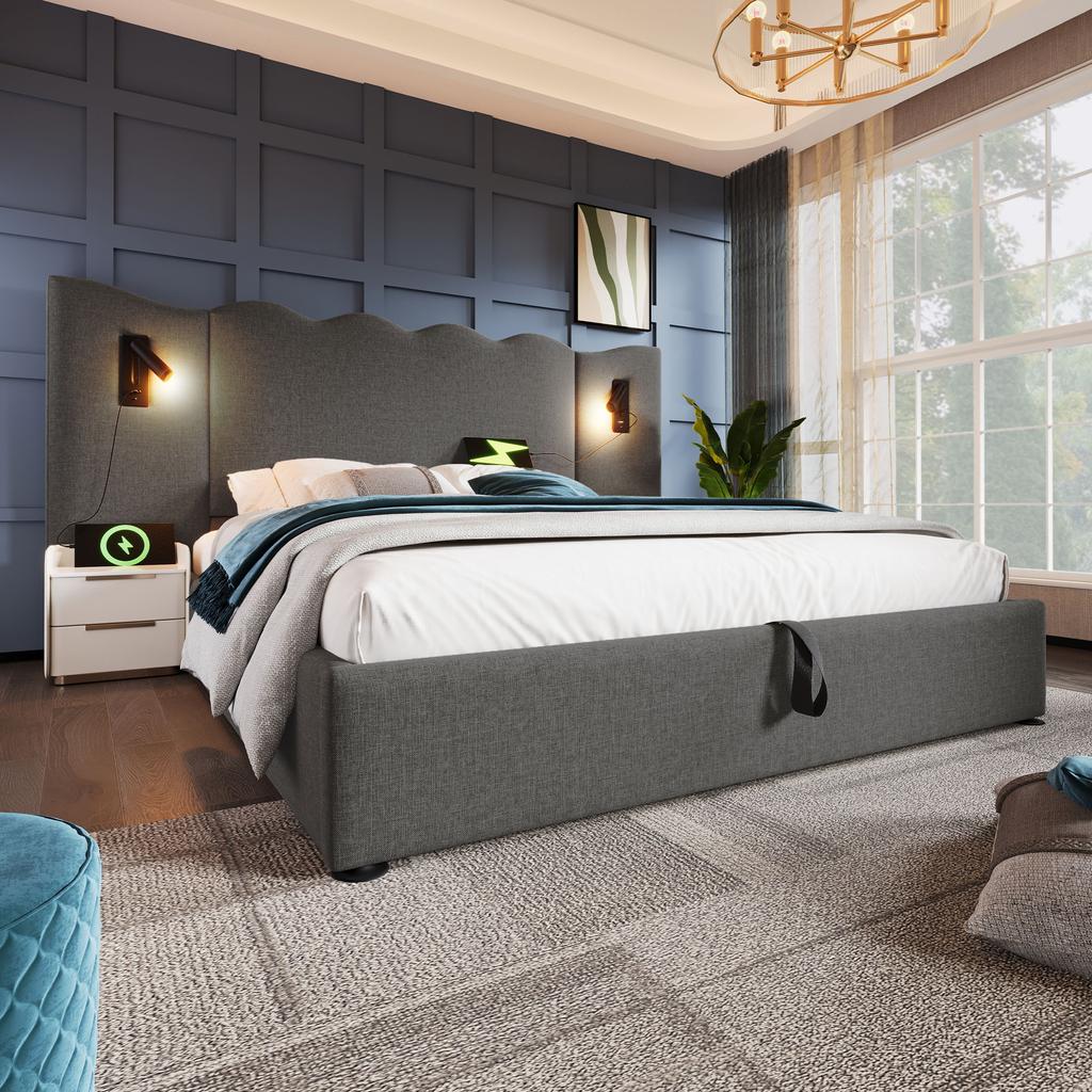 Upholstered Double Bed 180×200, Reading Lamp, USB Type-C Charging, Storage Bed Frame with Solid Wood and Metal Slats, Grey, Linen (Without Mattress)