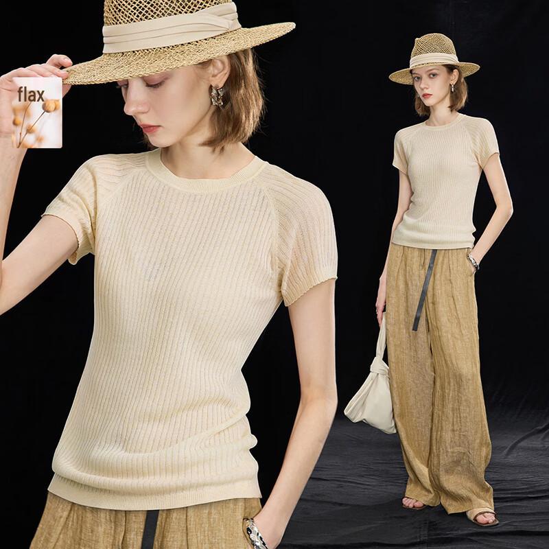 Wudao French Style Tencel Linen Ribbed Knit Short Sleeve Top L