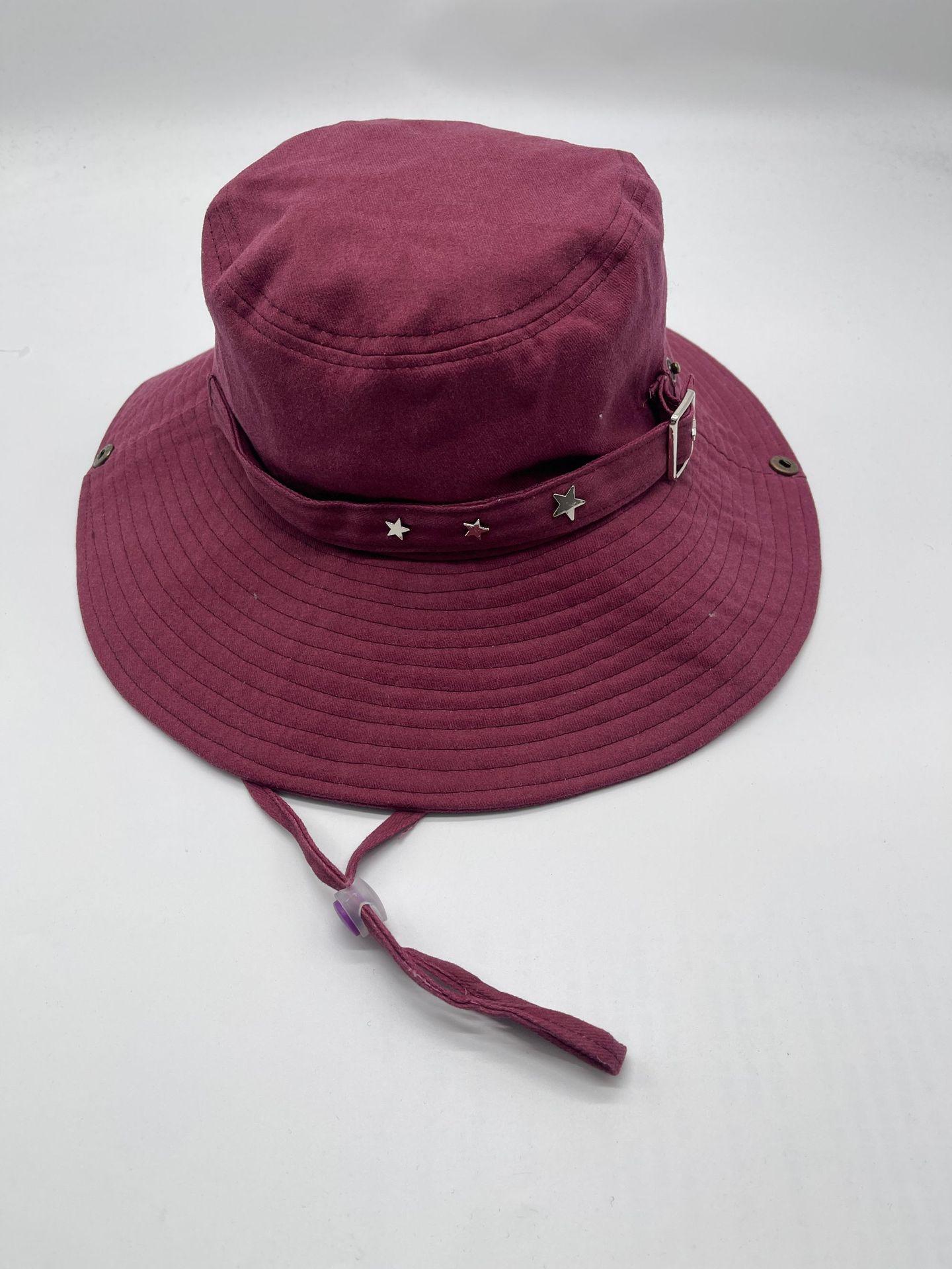

Outdoor spring and autumn breathable bucket hat iron buckle rivet pentagram men and women big eaves fishing camping mountain hat M（56-58cm） бордовий