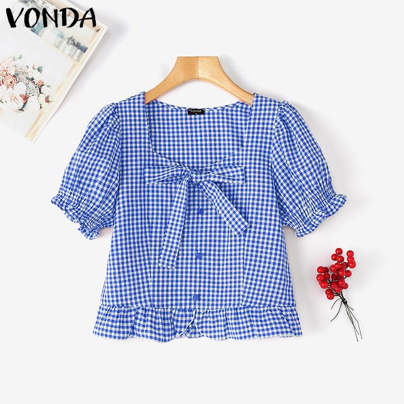 VONDA Women Summer Square Collar Short Puff Sleeve Bow Knot Plaid Print Casual T-shirts