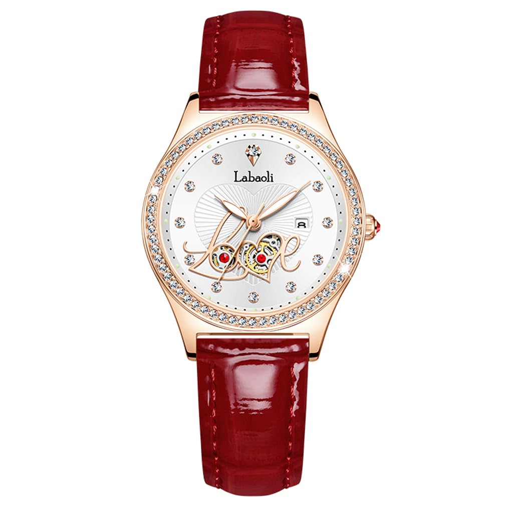 

Love Watch Women s Red Leather Strap Diamond Wristwatch, Stylish, Waterproof, Simple, Business, Cute, Casual, Luxury, Gift, Red and White