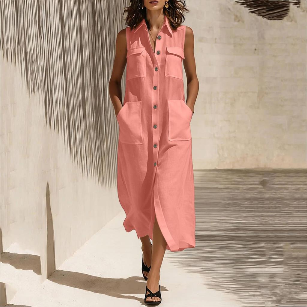 Ärmelloses Maxikleid mit Knopfleiste, Kragen und Taschen, lockere Passform, lässiges langes Kleid für Damen, Sommermode