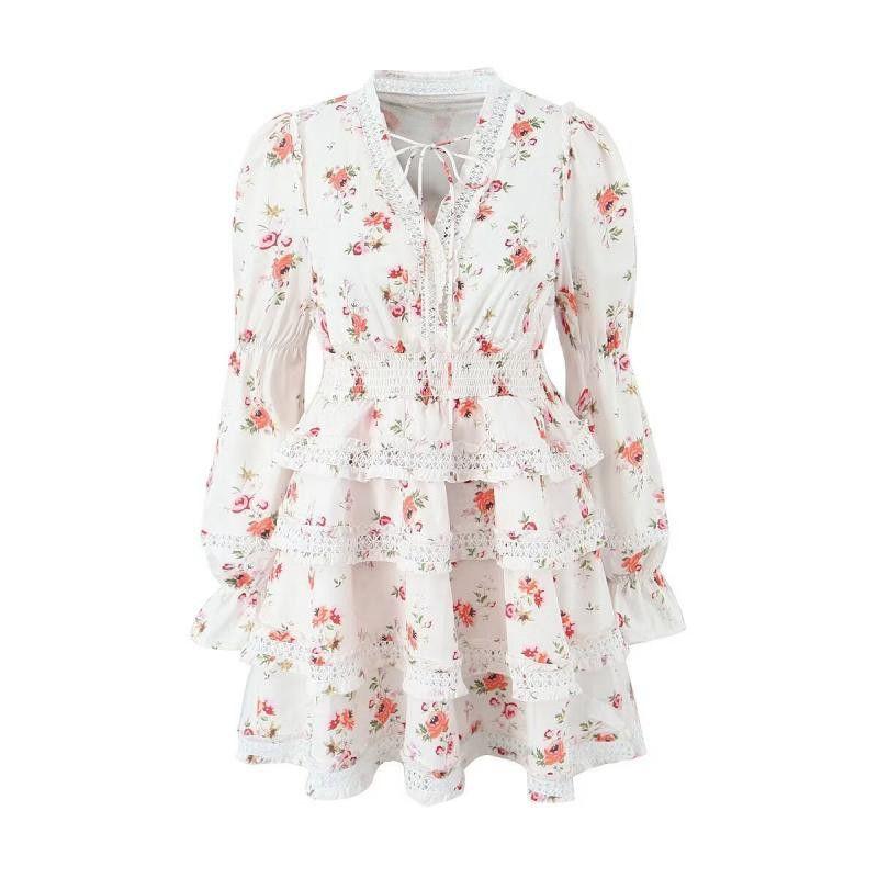 

A Floating Life in Dream French Style Design Gaoding Lace Floral Flounce Smocking Long Sleeves Elegant Slim Looking Dress Floating like a dream(High quality) L