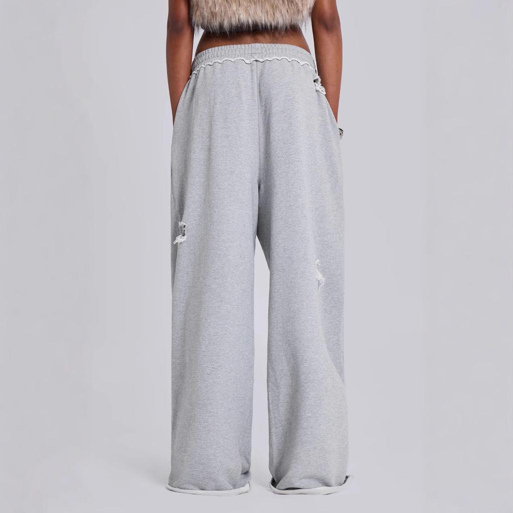 Calças de Jogging Largas Cinza Desgastado Mulher Estilo Hip Hop Grunge Pernas Largas Furos Calças de Moletom Oversized Streetwear Gyaru