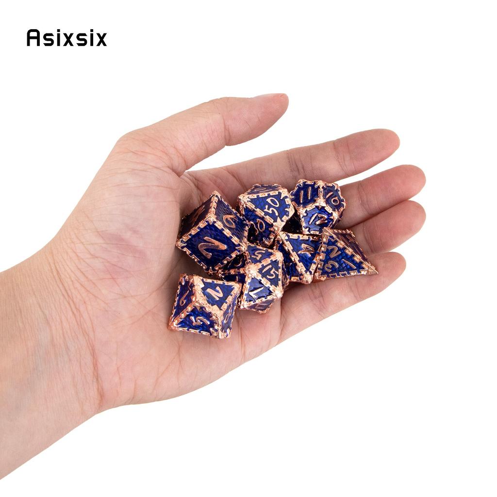 7 Stück blaue goldene Fischschuppen-Metallwürfel aus massivem Metall, polyedrisches Würfelset, geeignet für Rollenspiele, RPG-Brettspiele, Kartenspiele