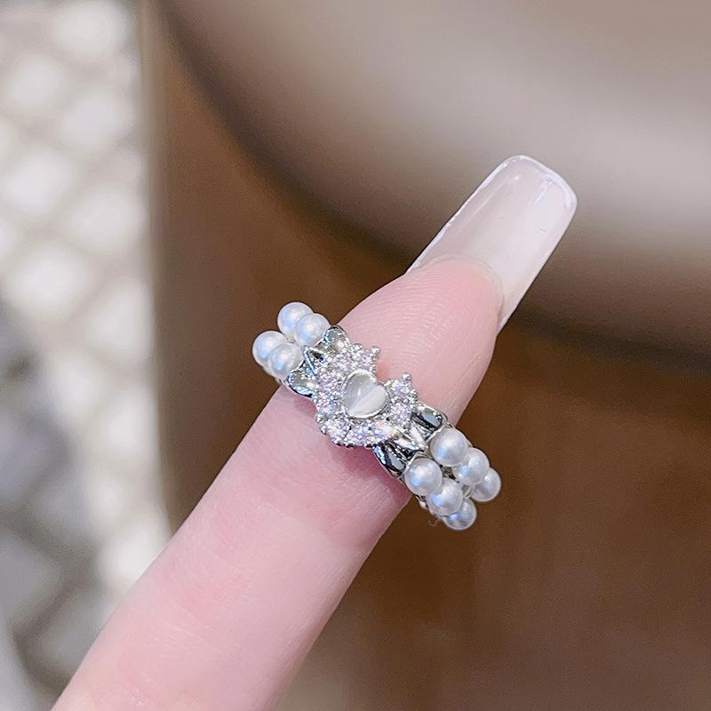 Pink Zircon Niche Design Sweet Pearl Bow Open Ring Women'S High-End Fashion Jewelry
