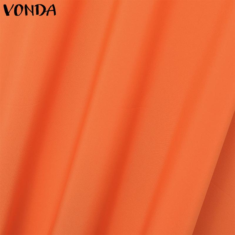VONDA Summer Women Round Neck Sleeveless Solid Color Holiday Beach Long Pleated Dress