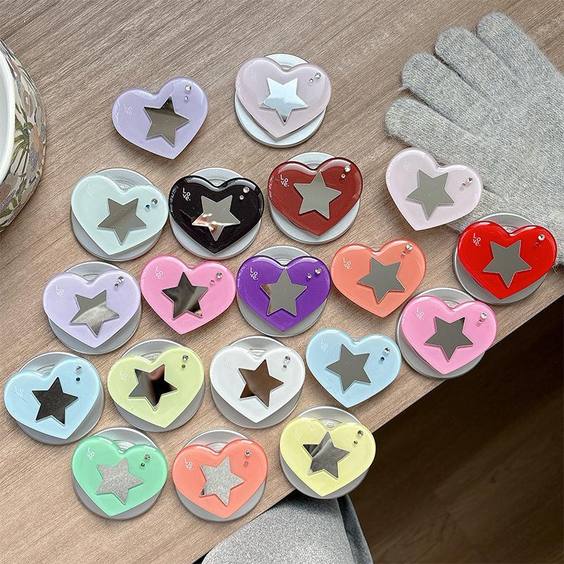 Heart-shaped Rhinestone Star Mirror Phone Holder with Magnetic Finger Ring