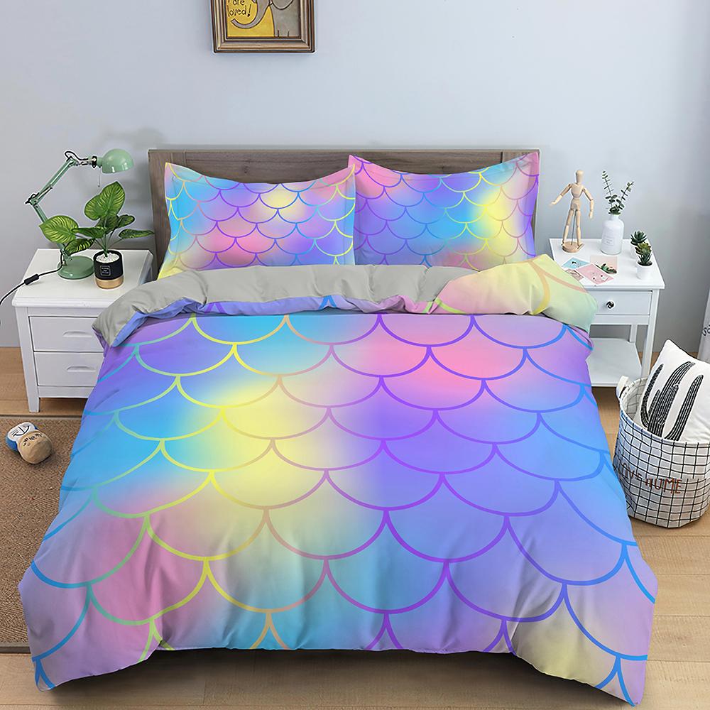 Fish Scales Duvet Cover Set Colorful Mermaid Polyester Comforter Cover With Pillowcase King Queen Full Size For Boys Girl Teen