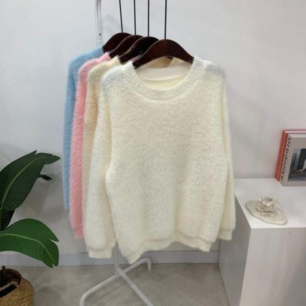 C S In The Room juShu mInk Fur Hairy overSized Round neCk Long Sleeve Knit 4Col