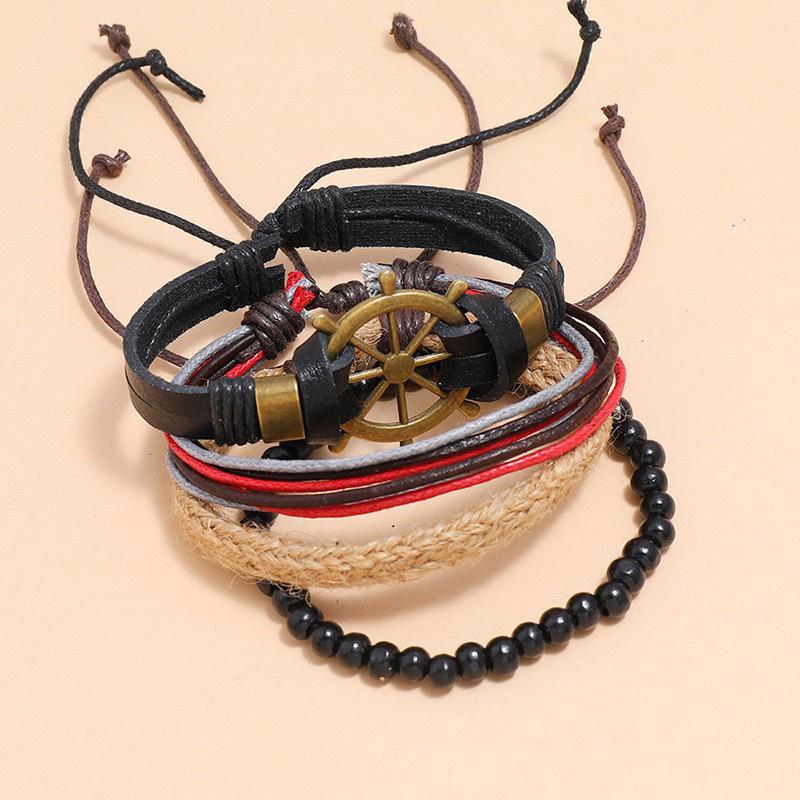 

Retro Ship Wheel Leather Bracelet Set: 4-Piece Woven Accessory for Couples