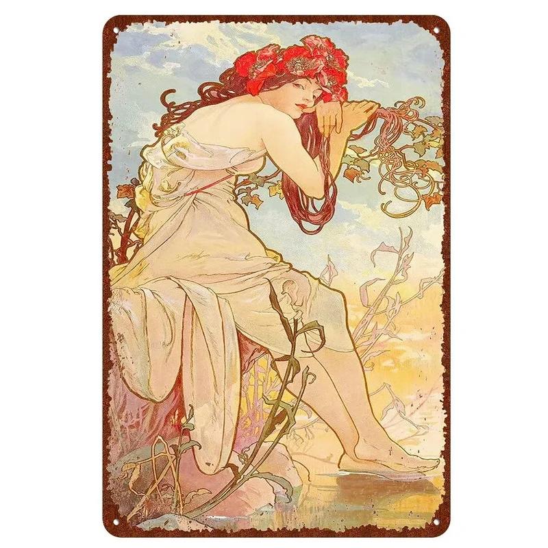 Vintage Metal Tin Signs Beauty-Art Nouveau Decorative Signs Four Seasons - Illustration Girl Retro Wall Decor Home Wall Signs