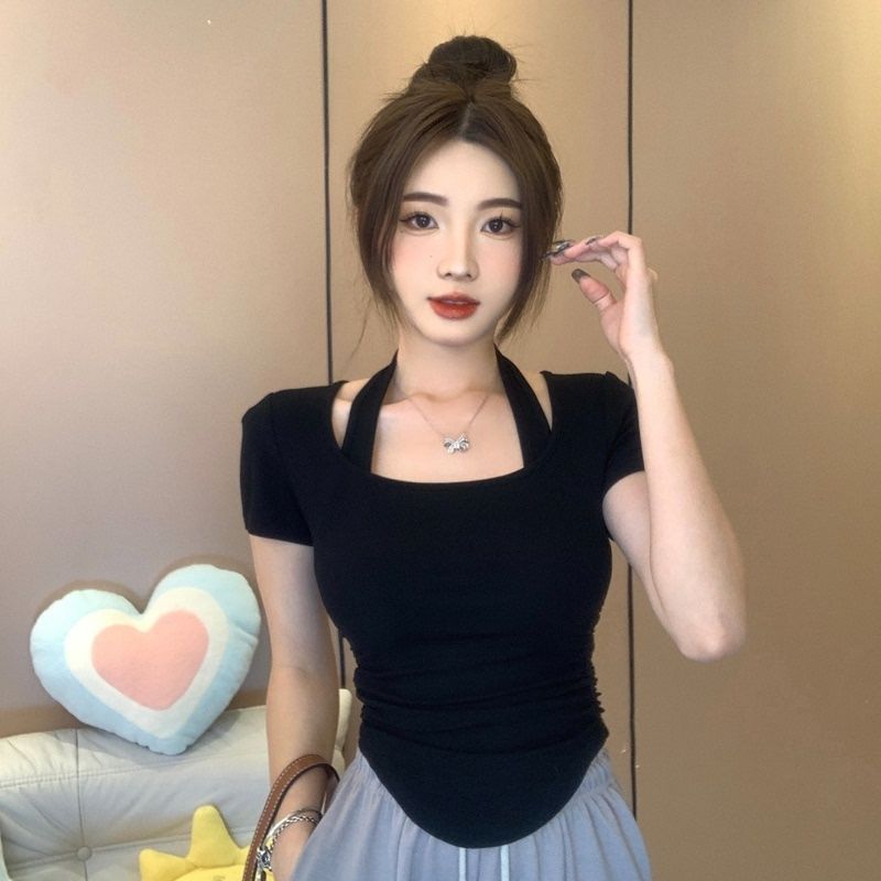 

Irregular Halter Neck Short-sleeved T-shirt for Women In Summer New Fake Two-piece Design Slim Short Top S чёрный