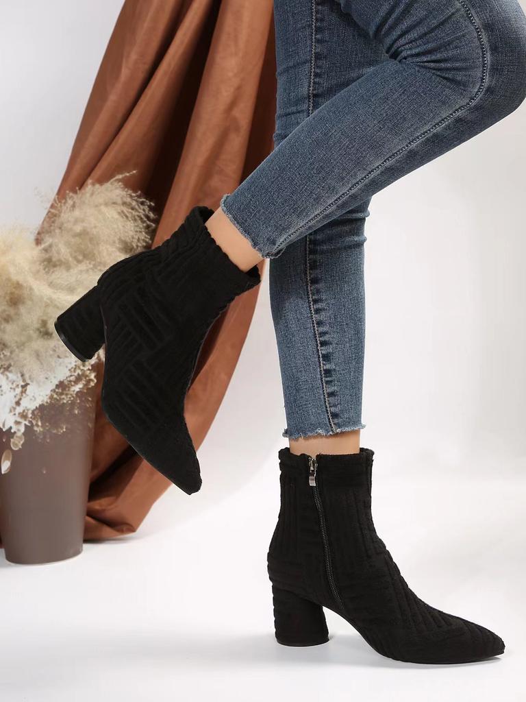 New women's pointed high-heeled short boots fashion suede thick-heeled short boots pointed thin British style towel boots