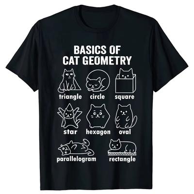 Funny Basics of Cat Geometry School Math Teacher T Shirts Men Cotton Humor Streetwear Tee Short Sleeve Unisex Loose Clothing