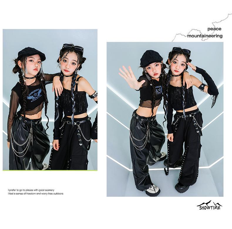 Completo da ballo jazz da ragazza: Top Corto a Maniche Lunghe in Rete con Bretelle, Costume da Esibizione Streetwear e da Passerella