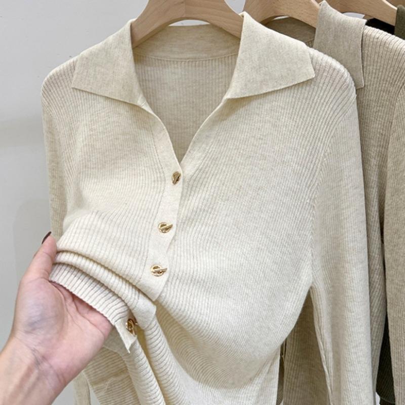 Women's Sweater V-neck Long Sleeved Knitted Sweater Autumn/winter Western-style Top Base Sweater