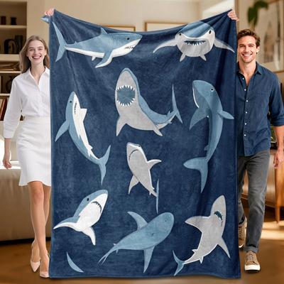 1 Piece Shark-themed Navy Blue Flannel Blanket, Soft, Suitable for Sofa, Bed, Office, All-season Use.