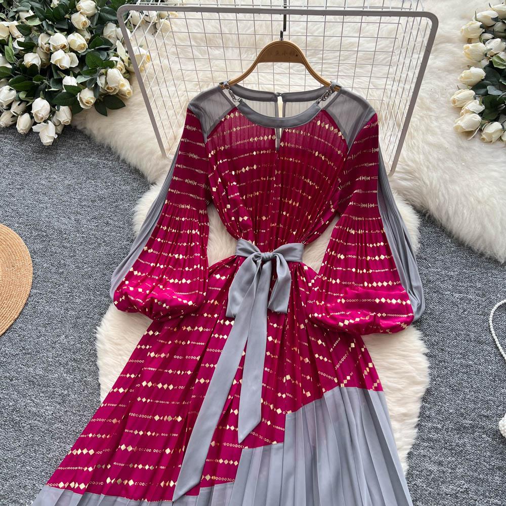 Vintage Elegant Spliced print slim Dress Korean Fashion Long dress hotsweet Women Fashion Dresses
