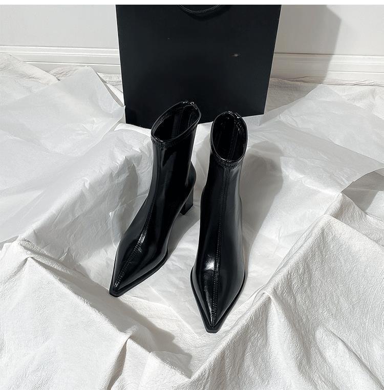 Brown pointed thin boots new versatile French velvet elastic high-heeled short boots thick-heeled ankle boots