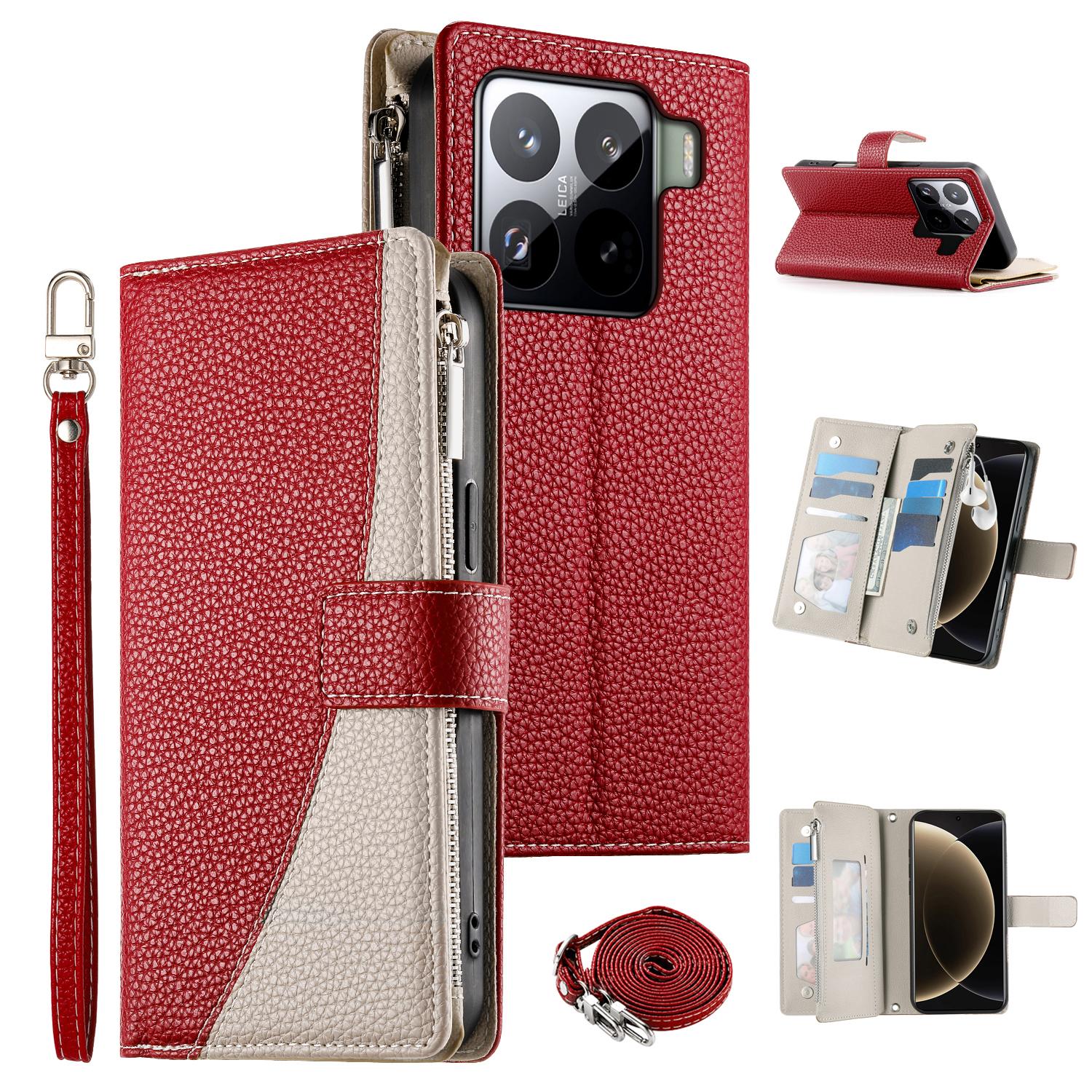 

For Xiaomi 15 Pro Case Zipper Wallet Color Splicing Leather Flip Phone Cover with Straps Red