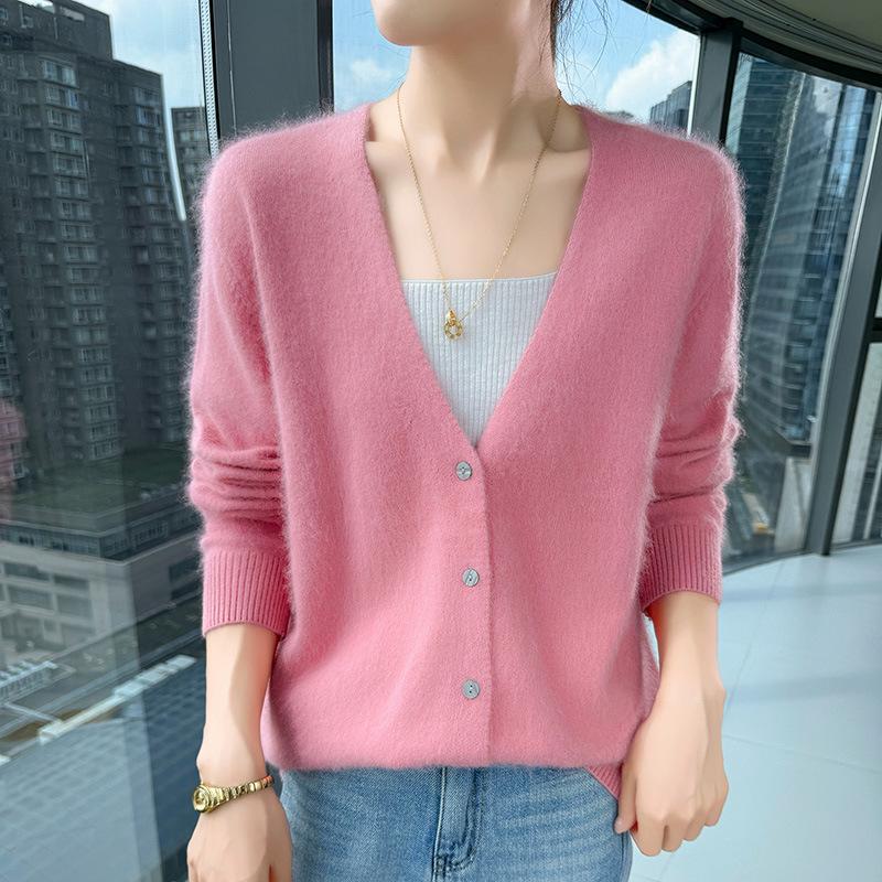 Autumn & Winter V-Neck Mink Velvet Women's Knit Cardigan - Loose, Slimming, Marled Yarn Sweater Top, Fashionable Outerwear