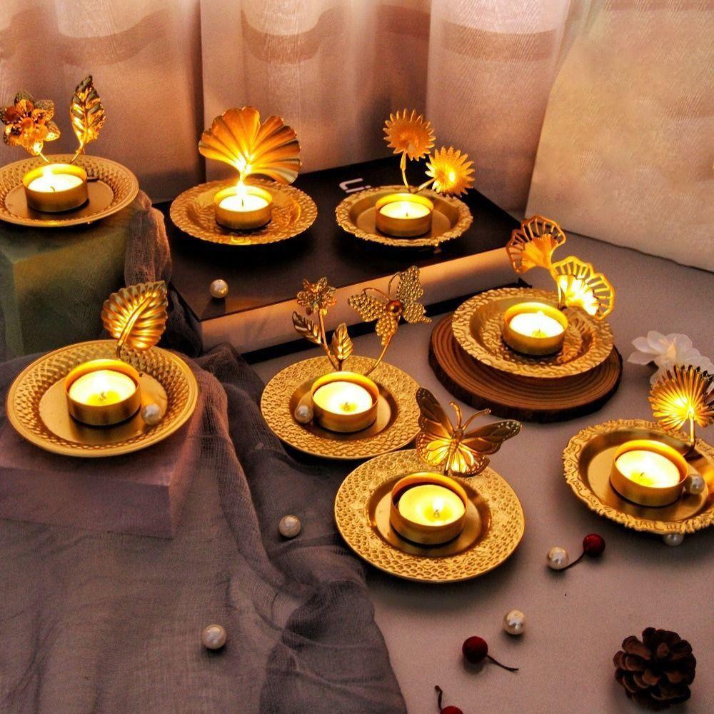 2 Pcs Exquisite Leaf Candlestick Stand Gold Iron Candle Holder Plant Shape Candlestick  Desktop