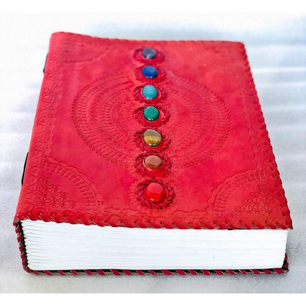 Fat Leather 600 Pages Journal Large Seven Stone Leather Notebook Journal  Blank Handmade Book Sketchbook Everyday Use (Lined Pages, Red)