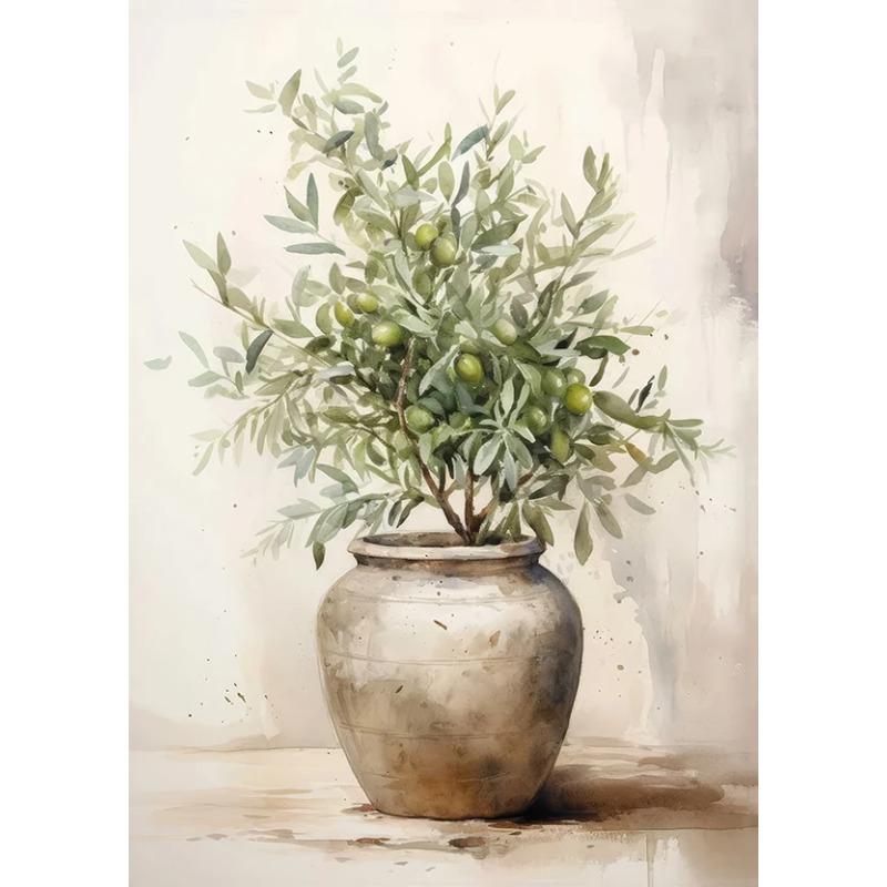 Retro Elegante Olivenbaum und Zitrone Leinwand Poster Vase Wandkunst Poster Perfektes Geschenk für Wohnzimmer Schlafzimmer Studentenwohnheim Heimdekoration