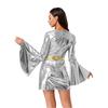Womens 70s Disco Costume V Neck Flared Sleeve Crystal Decor Metallic Shiny Bodycon Dress
