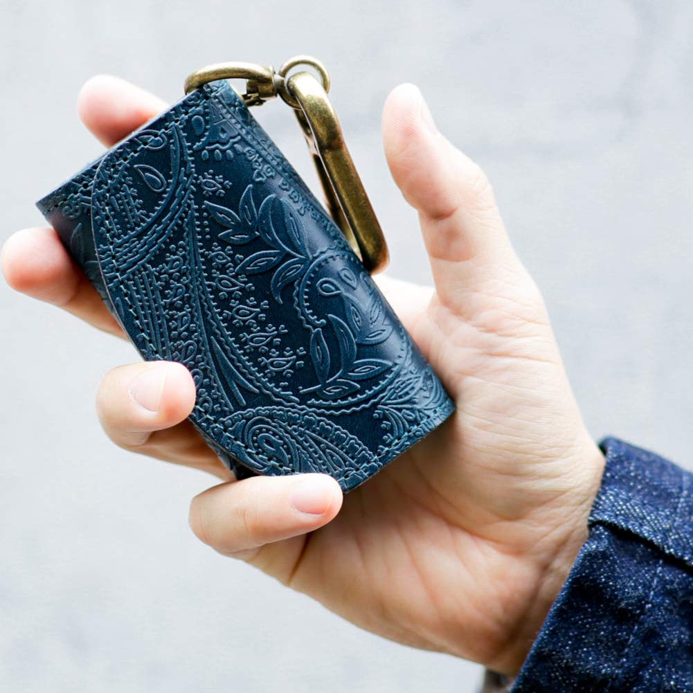 VINCENT CRAFTED Made in Japan Tochigi Leather Paisley Carabiner Key Case & Coin Case PAOLO Keychain for Women and Men <V1 PAOLO Navy>