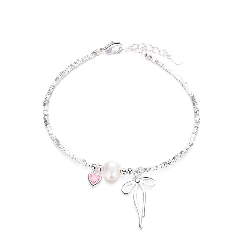 Pink Love Bow Imitation Broken Silver Bracelet Women'S Niche Exquisite High-End Sweet Bracelet