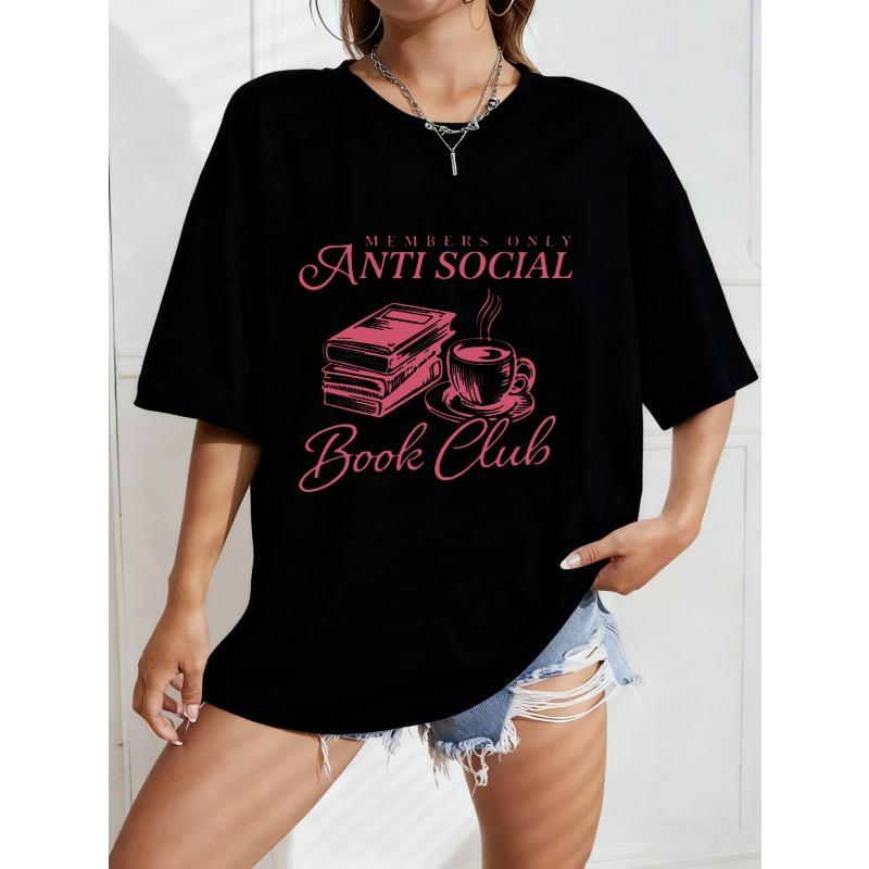 Oversized T-Shirt with Pink-Toned Book & Coffee Cup Print – "Anti Social Book Club" Literary Vintage Book Club Themed Top
