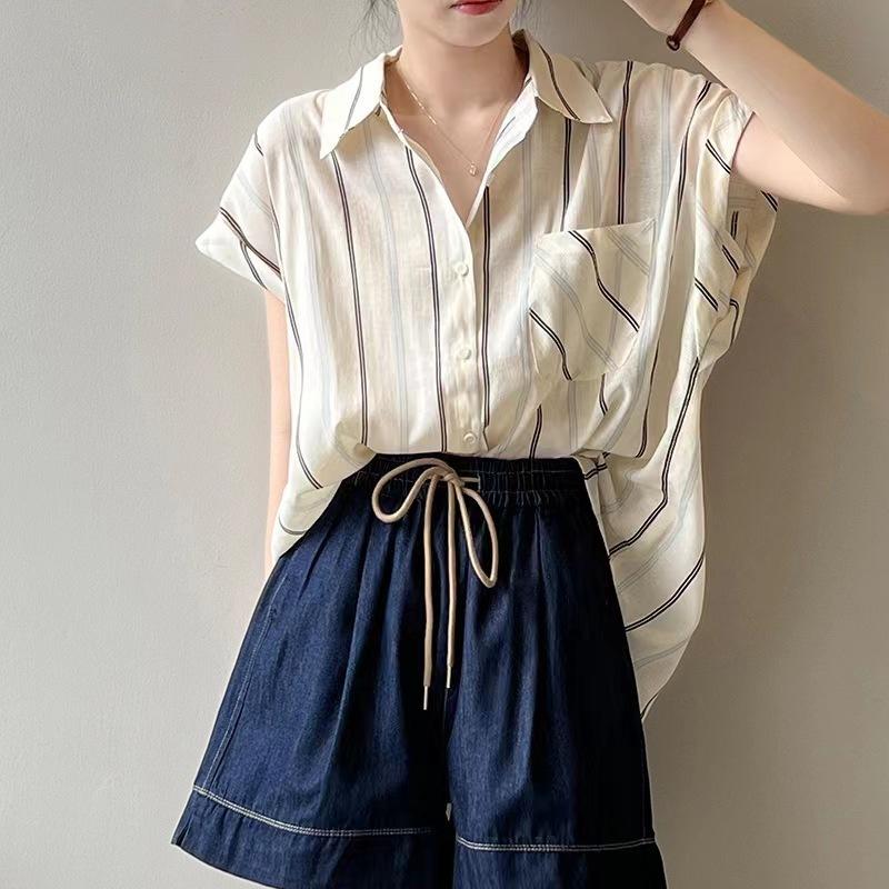 

Полосатая рубашка женская с короткими рукавами летняя тонкая модель Sense Niche с открытыми плечами французский повседневный темперамент легкий топ для зрелых людей 4XL